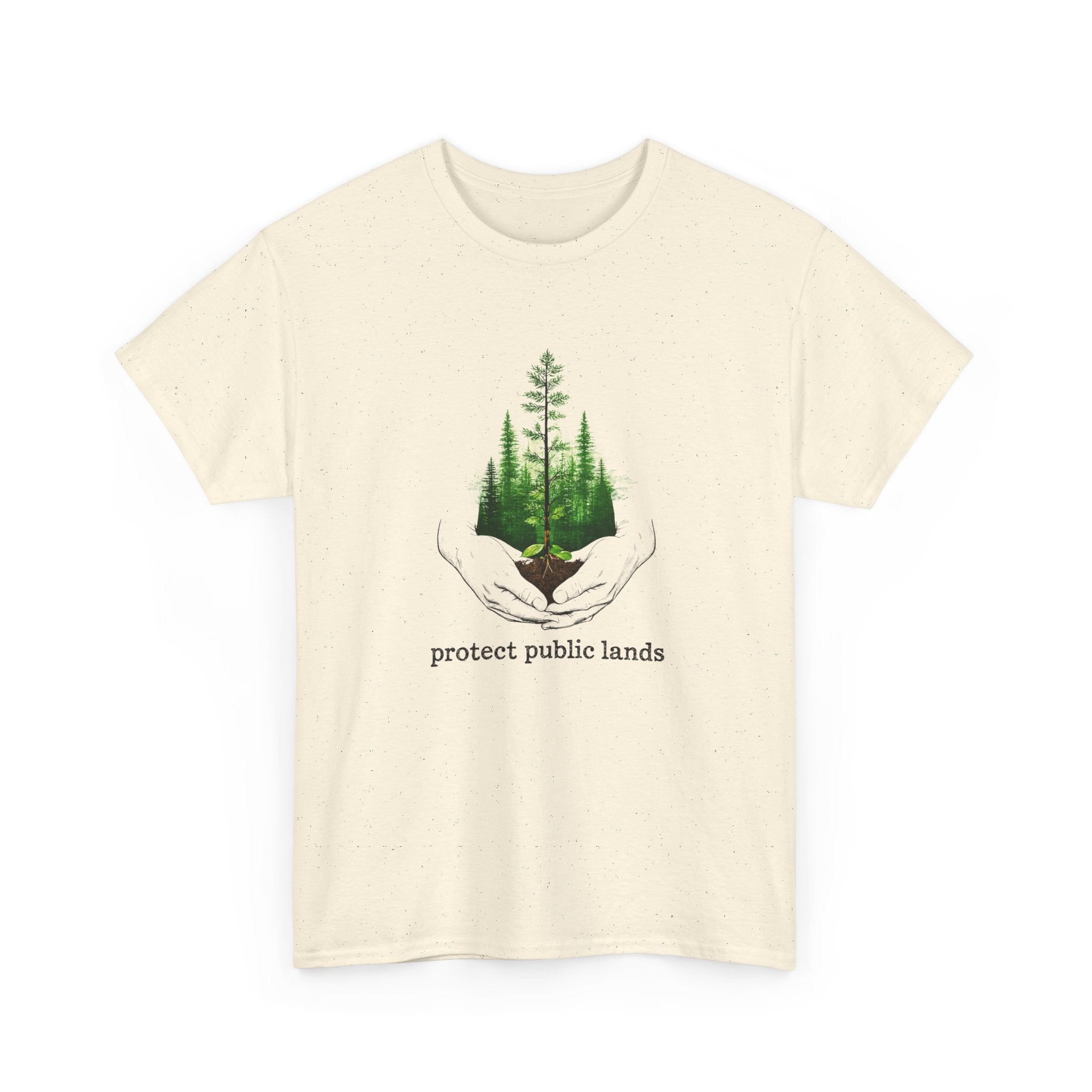 Beige t-shirt with a graphic of hands holding trees and 'protect public lands' text on a white background