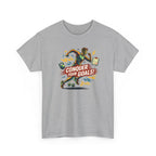 Gray t-shirt with a motivational graphic and text 'Conquer Your Goals!' on a white background