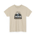 Beige t-shirt with outdoor graphic and text 'leave no trace take no excuses' on a white background