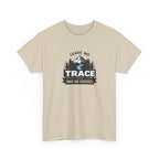 Beige t-shirt with outdoor graphic and text 'leave no trace take no excuses' on a white background