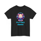a cat with headphones on, neon pink and blue colors, with the text 'purrfect beats'