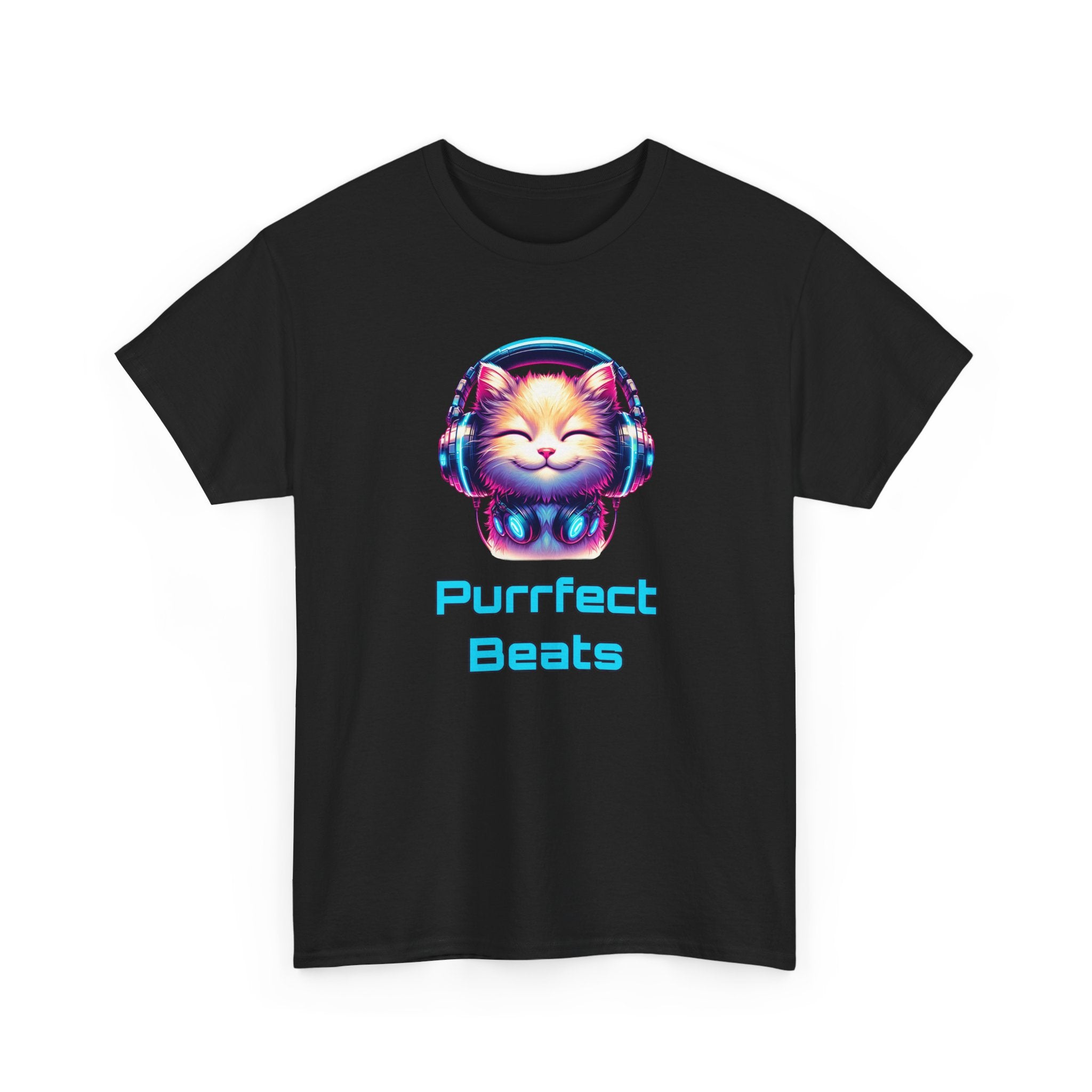 a cat with headphones on, neon pink and blue colors, with the text 'purrfect beats'