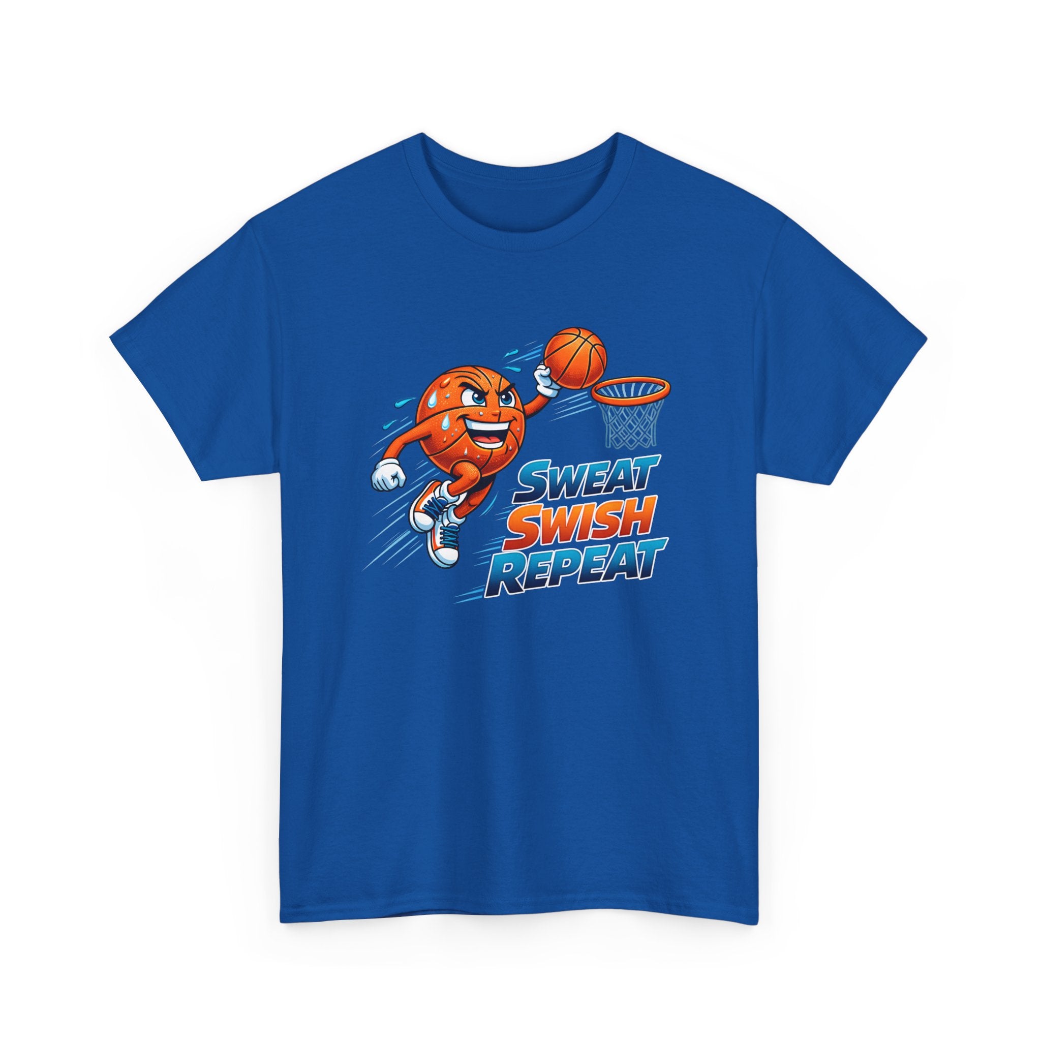 Sweat Swish Repeat Basketball T‑Shirt — Fun Hoop Cartoon Graphic Tee