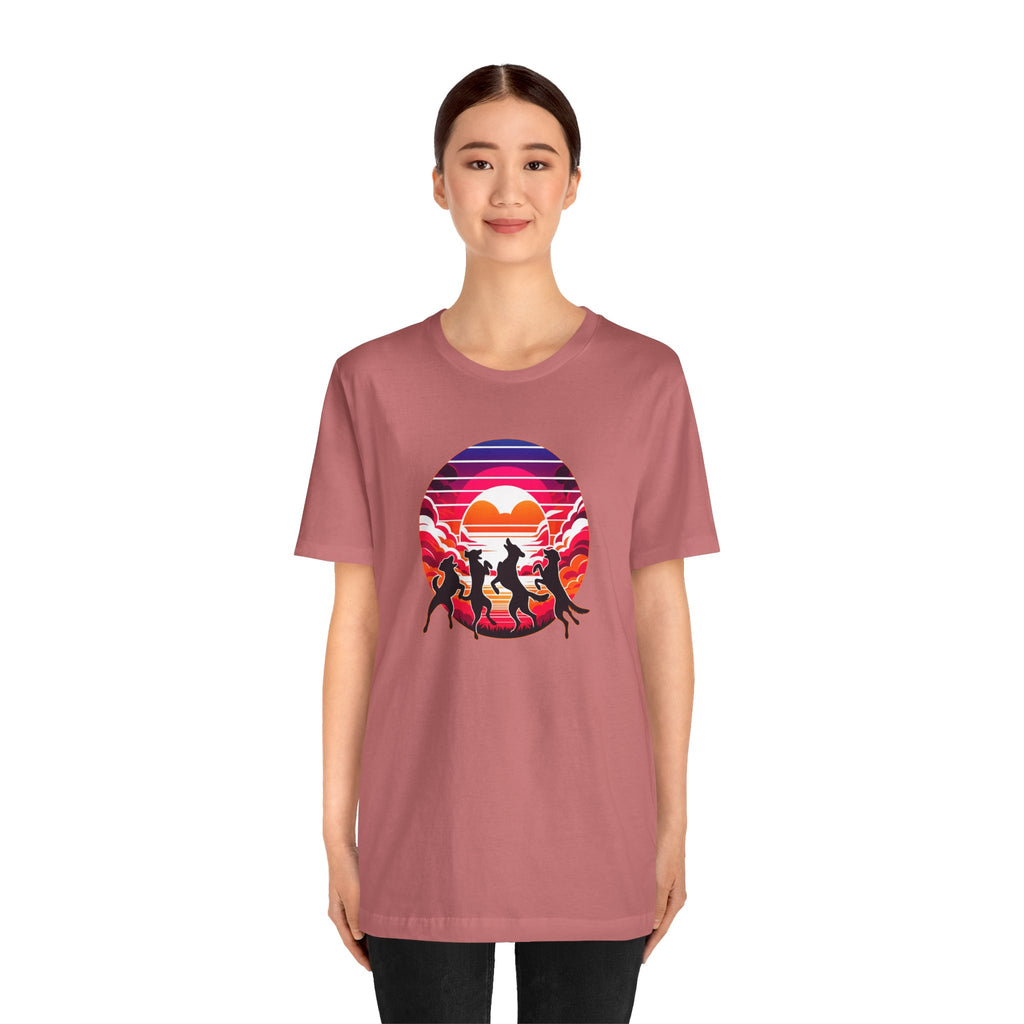 Retro Sunset Dancing Dogs T-Shirt — Vintage Rainbow Skyline Graphic Tee