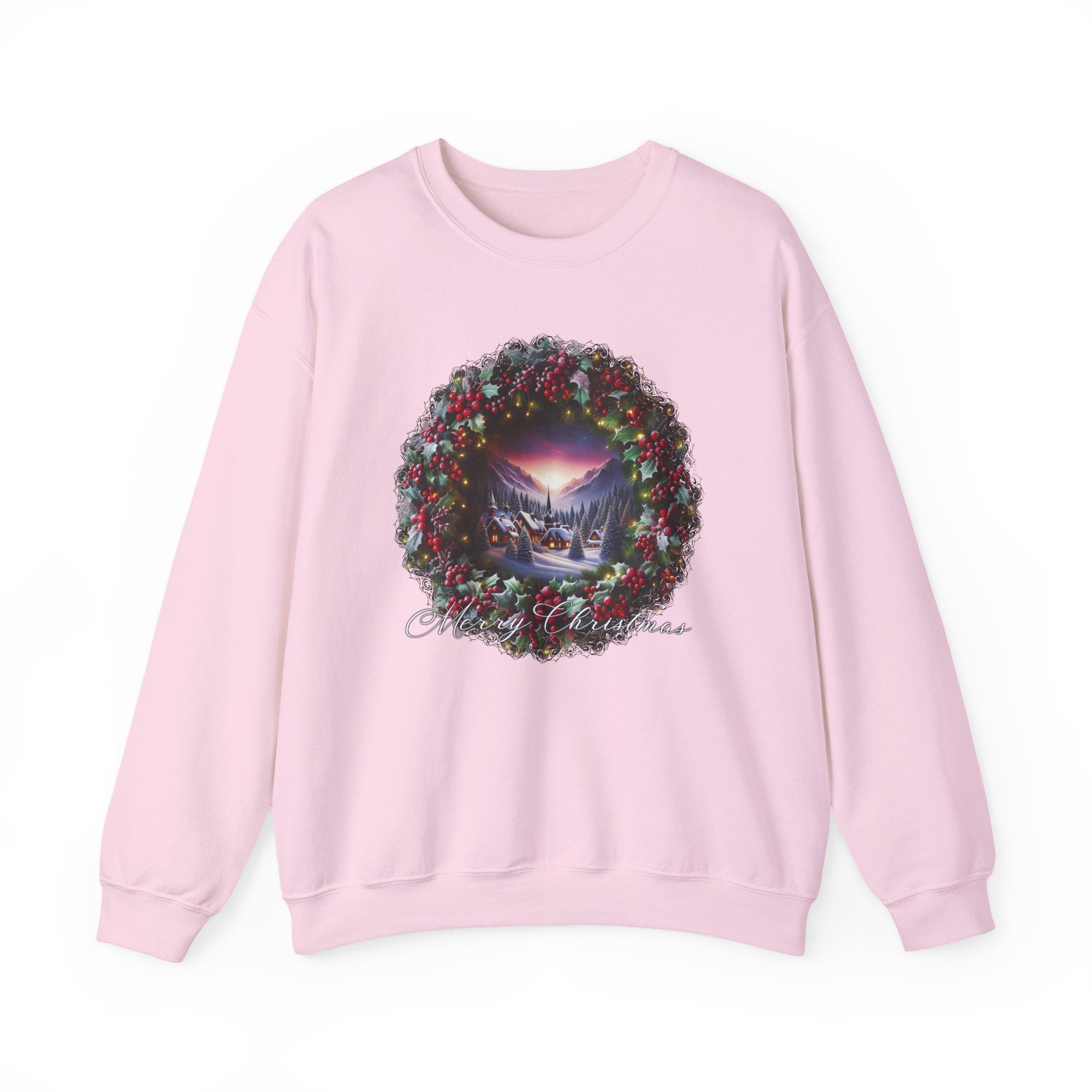 Christmas Wreath Crewneck Sweatshirt — Vintage Winter Scene Christmas Wishes