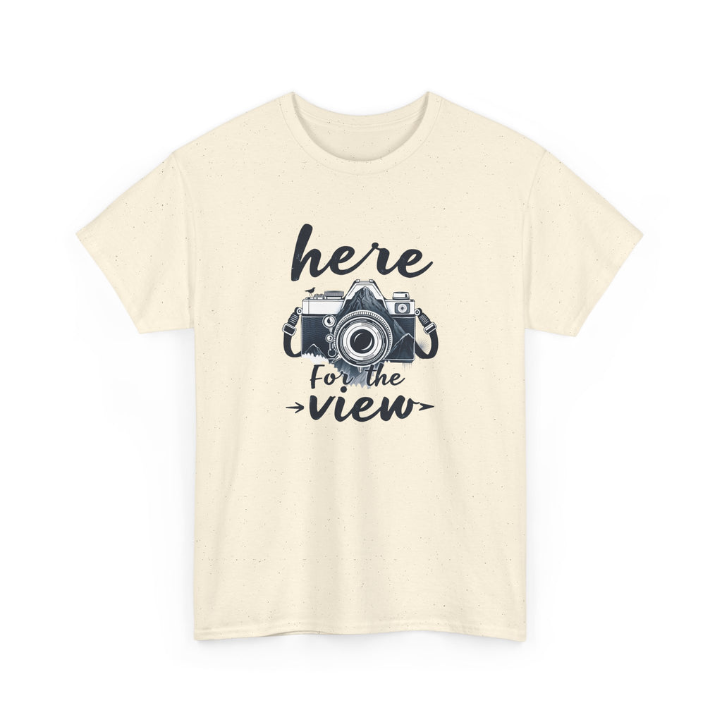 Hiking Tee — "Here for the View" Camera  And Mountain Graphic Shirt