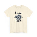 Hiking Tee — "Here for the View" Camera  And Mountain Graphic Shirt