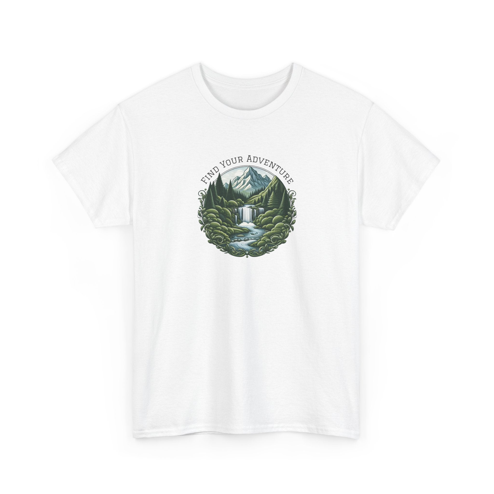 T shirt with decorative circular illustration of a lush mountain landscape with pine forests, flowing river, and cascading waterfall, symbolizing nature, adventure, and outdoor exploration and the phrase 'find your adventure'.