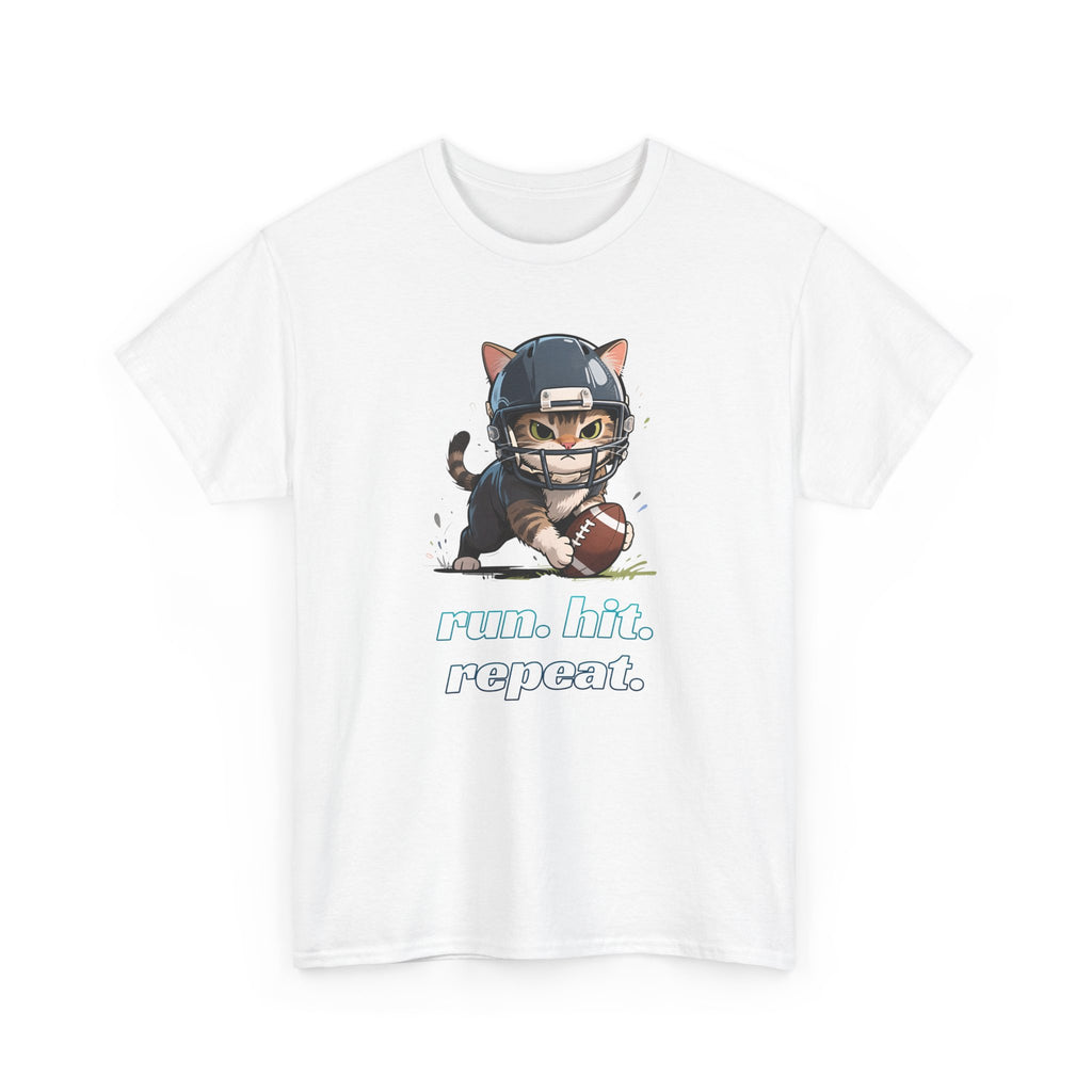 Funny Football Cat T-Shirt — "Run. Hit. Repeat." Cute Helmet Kitten Tee for Football Fans