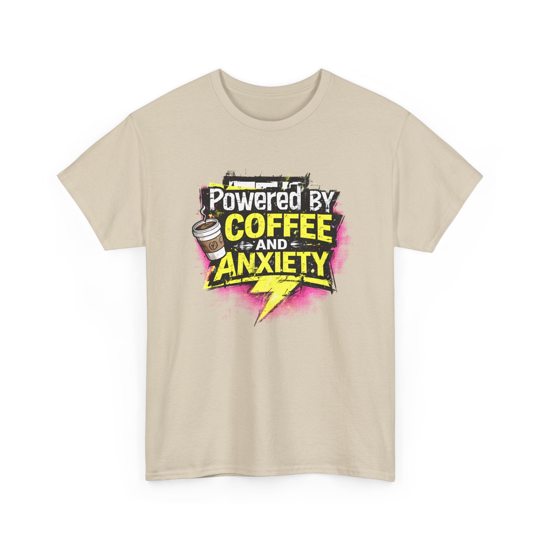 Beige t-shirt with 'Powered by Coffee and Anxiety' graphic design on a white background