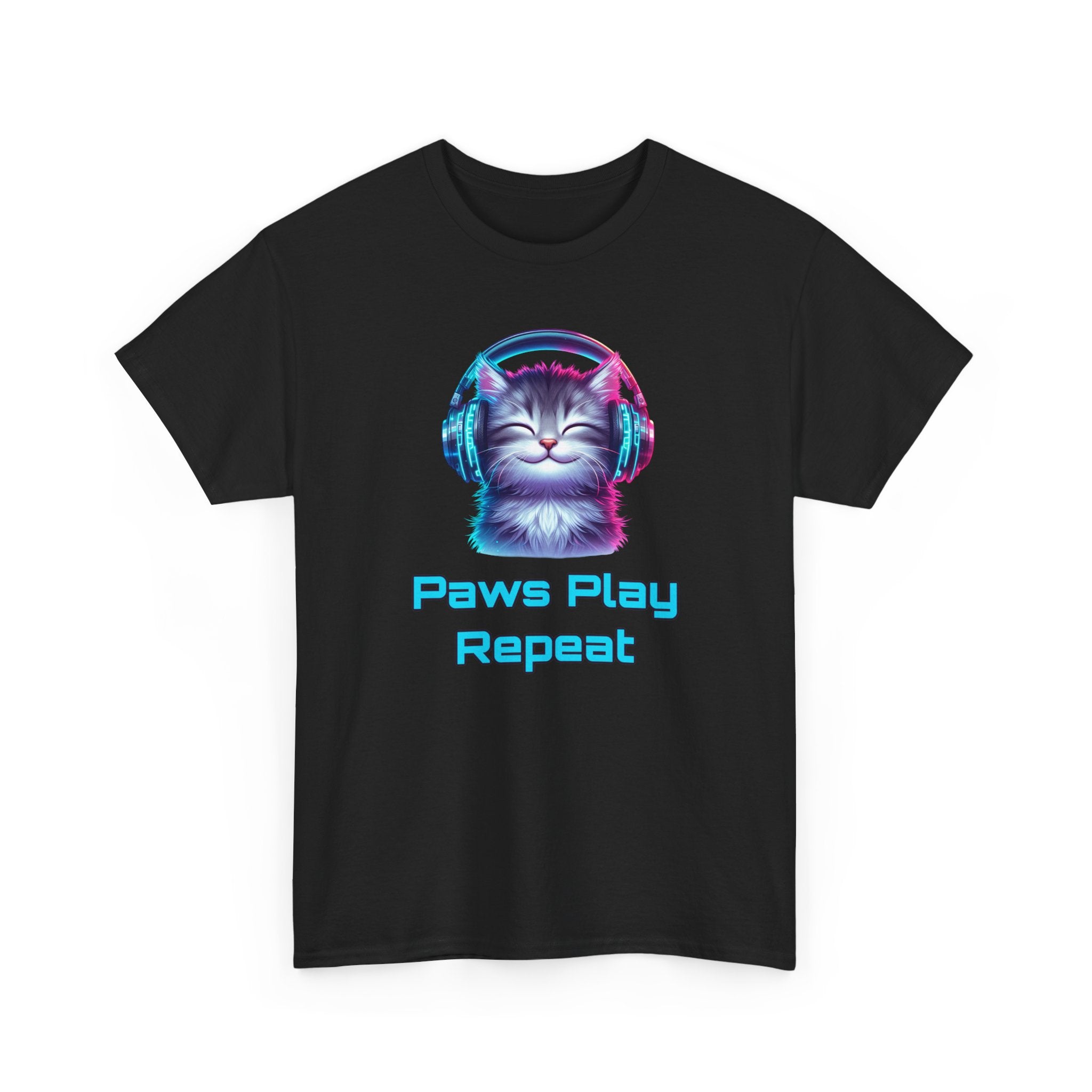 Cat Headphones T-Shirt - "Paws Play Repeat" Cute Music Cat Tee
