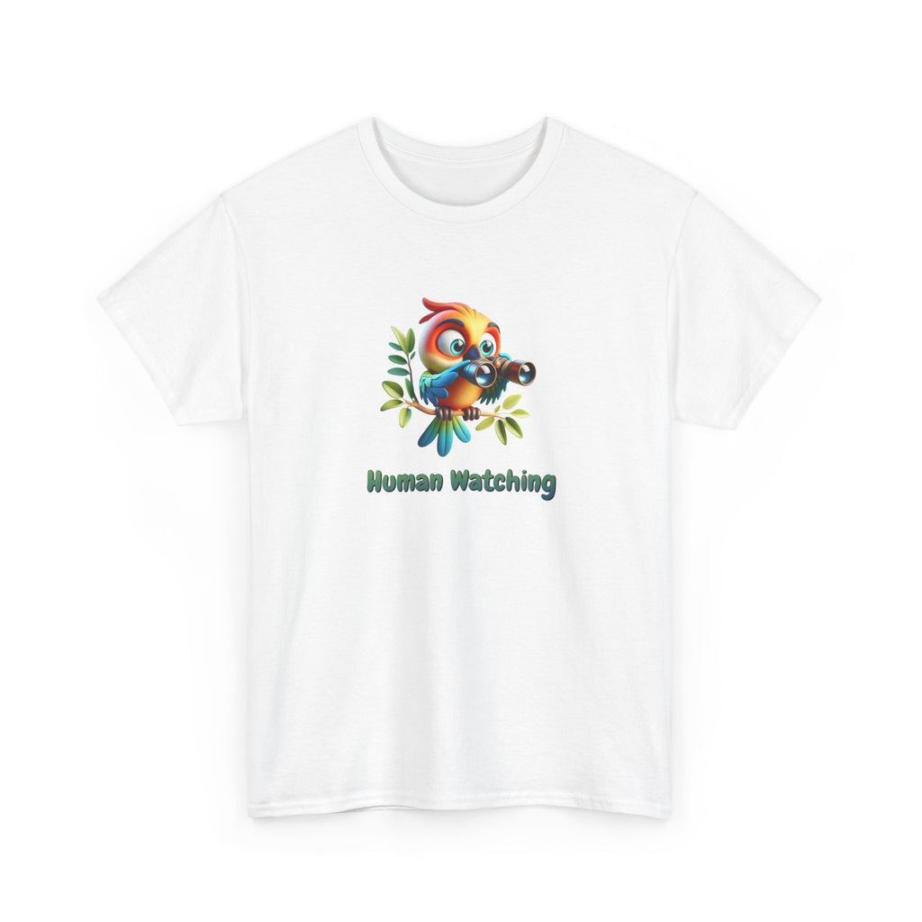 T shirt with a cute colorful cartoon bird perched on a branch using binoculars with the phrase ‘Human Watching,’ a humorous animal illustration perfect for nature lovers and funny wildlife designs.