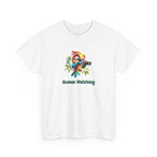 T shirt with a cute colorful cartoon bird perched on a branch using binoculars with the phrase ‘Human Watching,’ a humorous animal illustration perfect for nature lovers and funny wildlife designs.