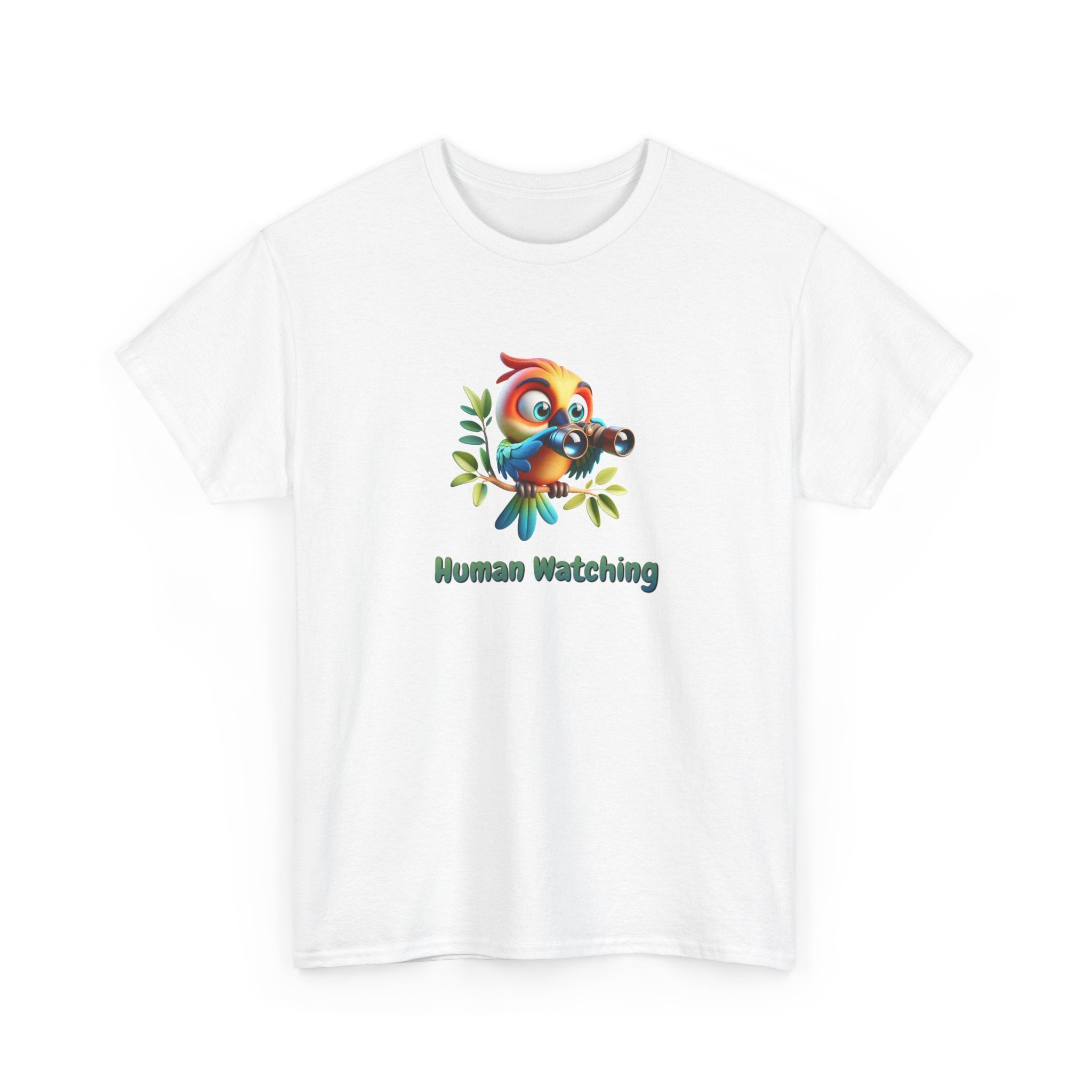 T shirt with a cute colorful cartoon bird perched on a branch using binoculars with the phrase ‘Human Watching,’ a humorous animal illustration perfect for nature lovers and funny wildlife designs.