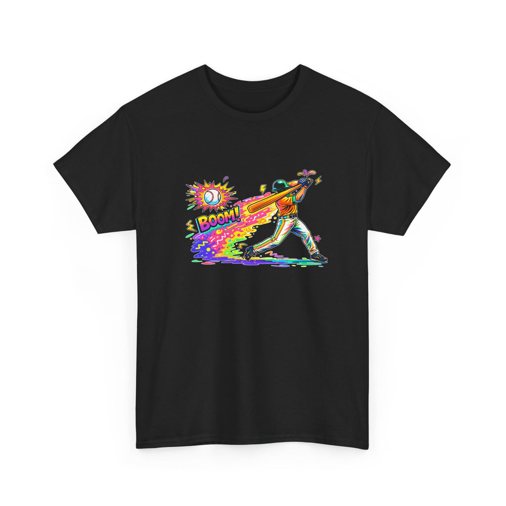 Baseball Batter Rainbow Blast Tee — 'Boom!' Graphic Sports T-Shirt