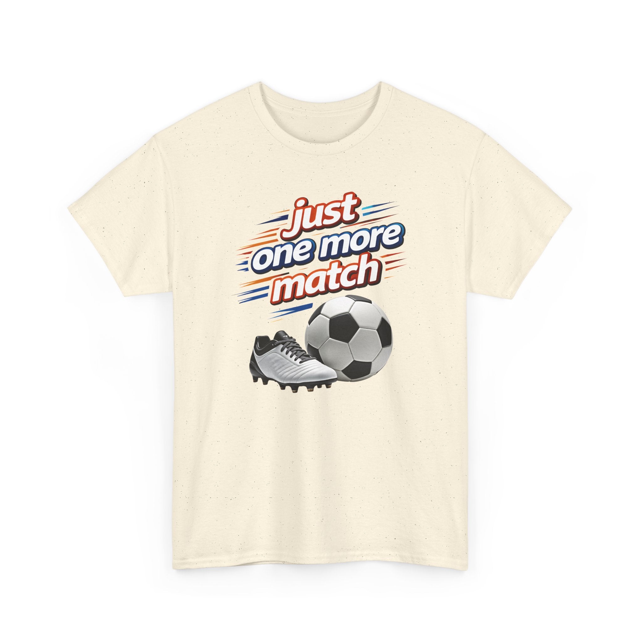 Beige t-shirt with soccer-themed graphic and text 'just one more match' on a white background