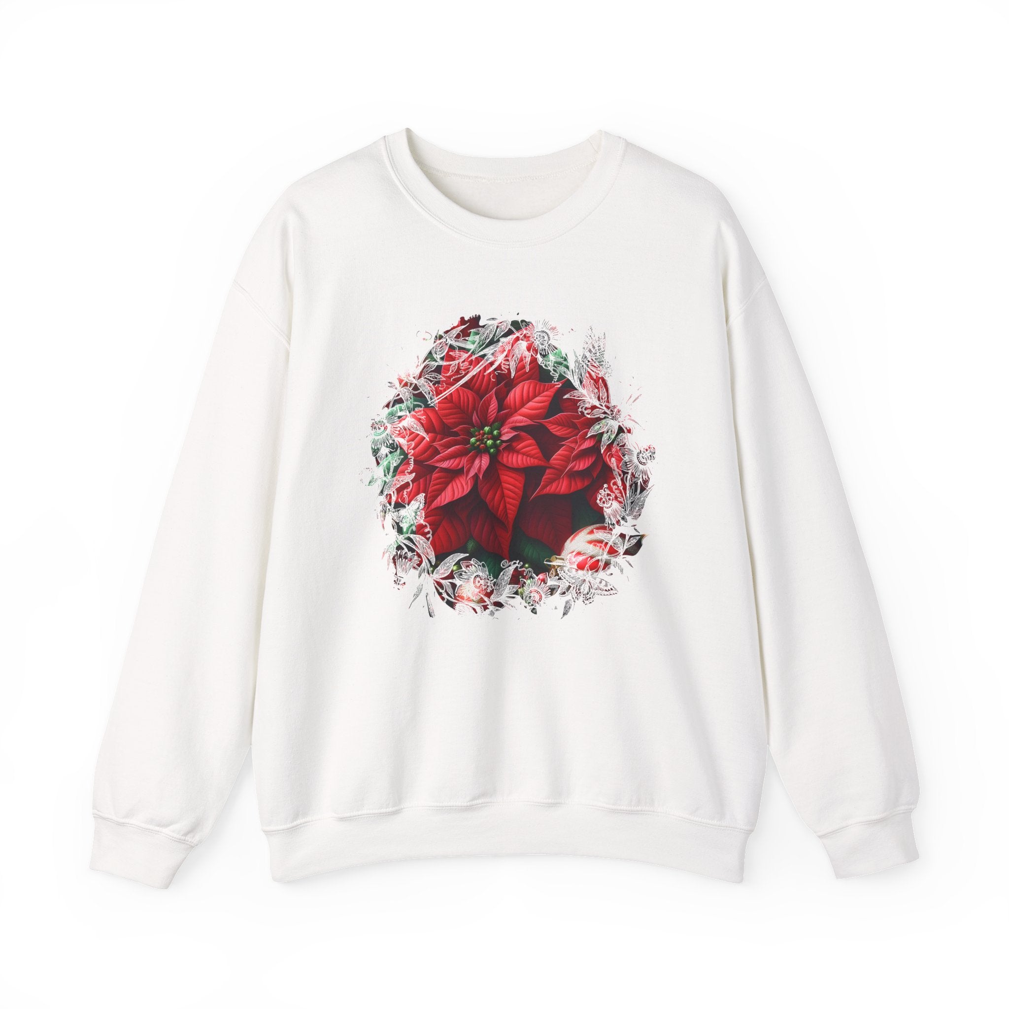 Poinsettia Wreath Crewneck Sweatshirt — Holiday Floral Christmas Sweater
