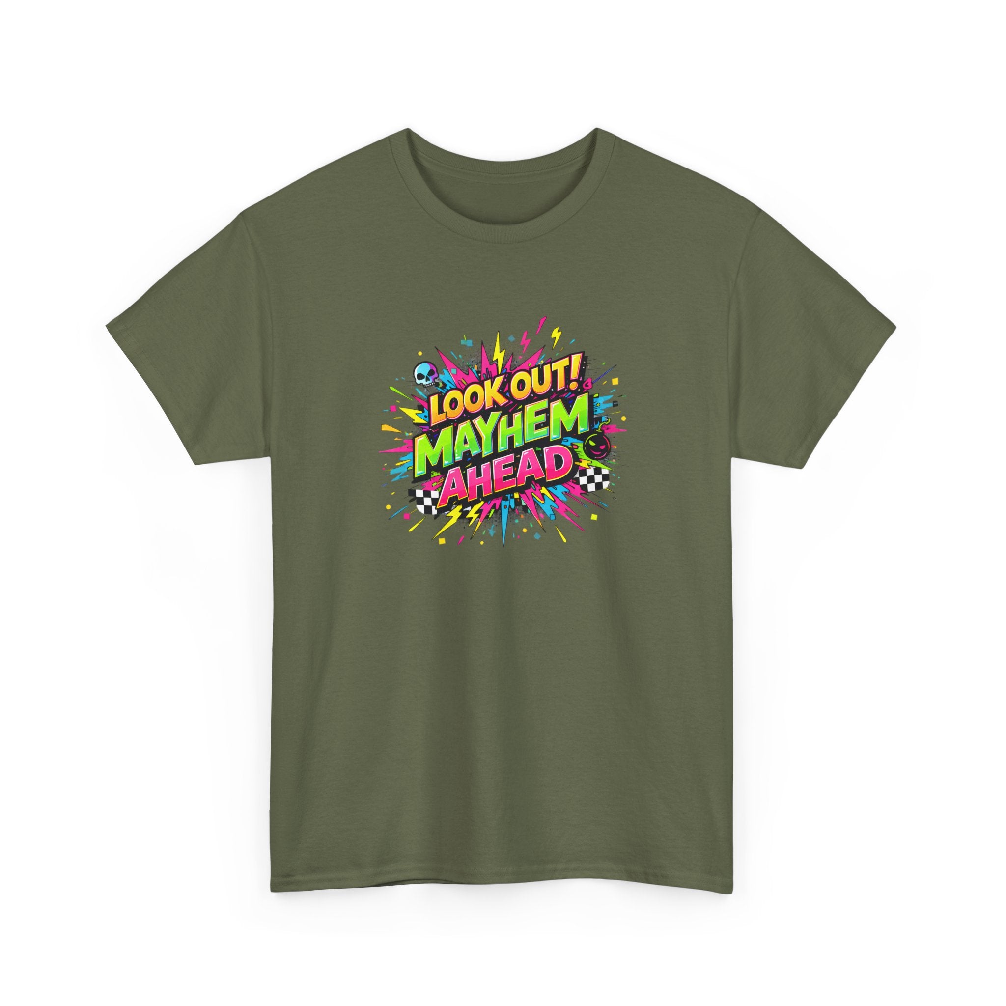 Look Out! Mayhem Ahead Graphic Tee — Colorful Retro Comic Humor Shirt