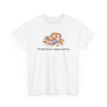 White t-shirt with a cartoon cat and text 'tired but awesome' on a white background