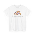 White t-shirt with a cartoon cat and text 'tired but awesome' on a white background