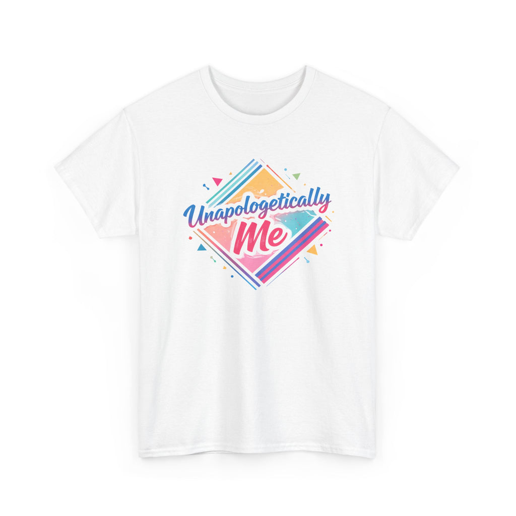 White t-shirt with colorful graphic and text 'Unapologetically Me' on a white background