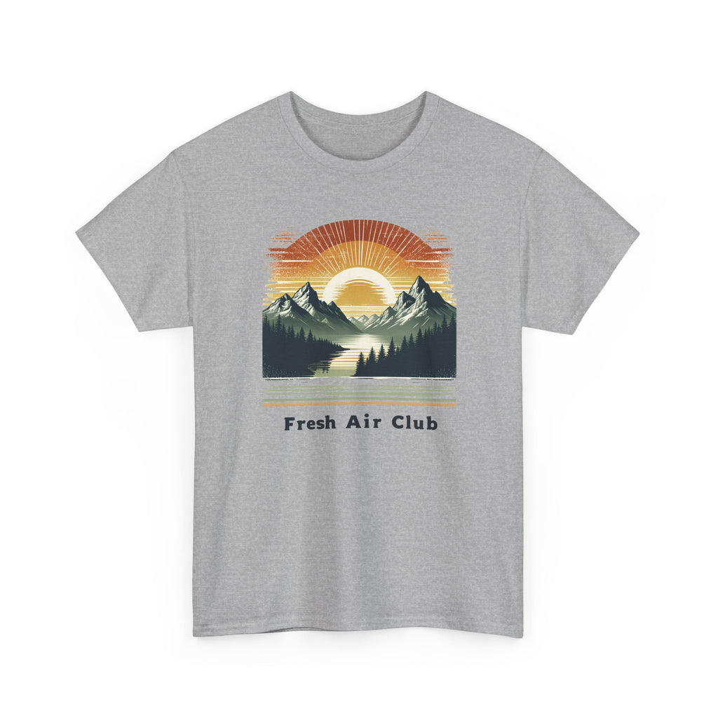 Fresh Air Club Mountain Sunset T-Shirt — Retro Outdoor Adventure Tee
