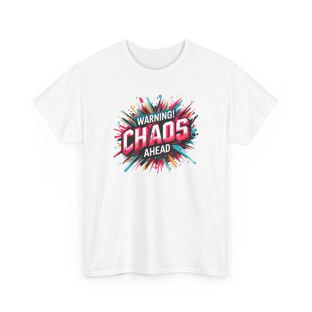 White t-shirt with colorful 'Warning: Chaos Ahead' design on a white background