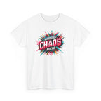 White t-shirt with colorful 'Warning: Chaos Ahead' design on a white background