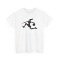 White t-shirt with a black silhouette of a person playing basketball design on a white background