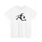 White t-shirt with a black silhouette of a person playing basketball design on a white background