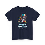 Navy blue t-shirt with a cat wearing a football helmet and holding a football, with text 'my team is better than yours' on a white background.