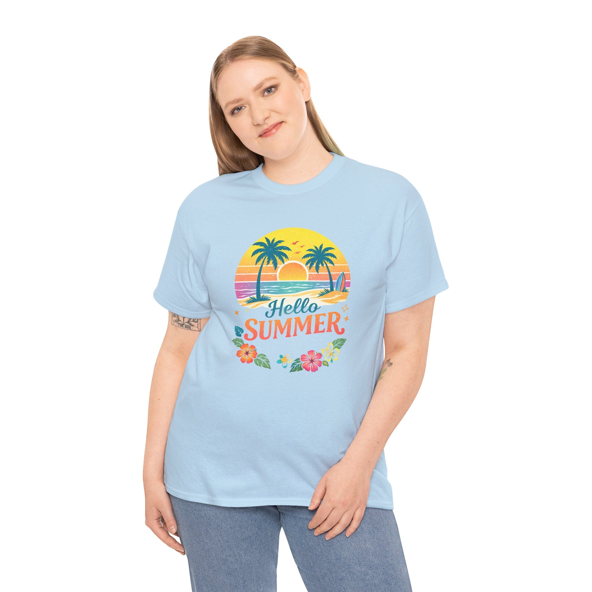 Hello Summer T-Shirt — Tropical Beach Palm Tree Graphic Tee