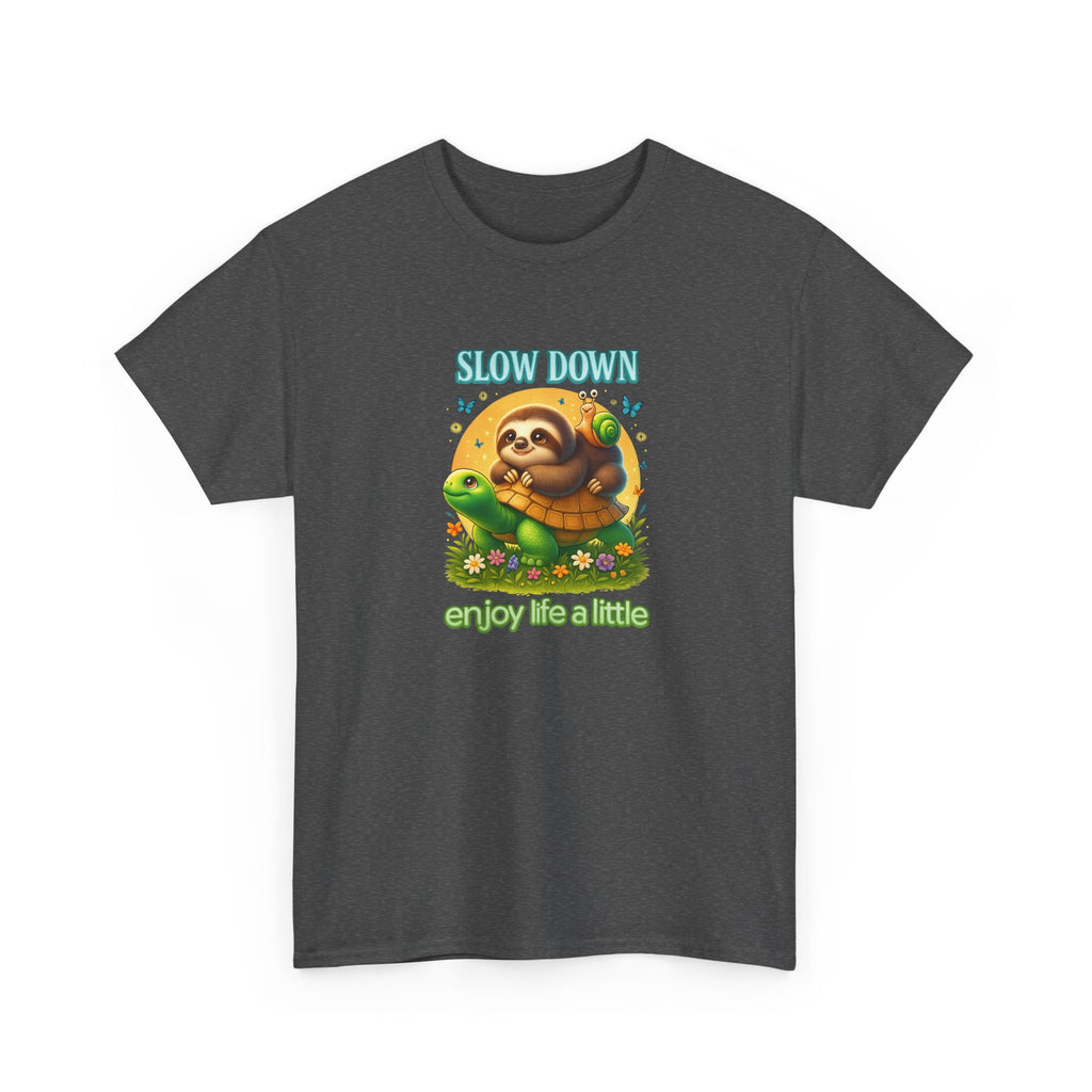 Slow Down Turtle Sloth & Snail V-Neck Tee — "Enjoy Life a Little" Relaxed Graphic Shirt