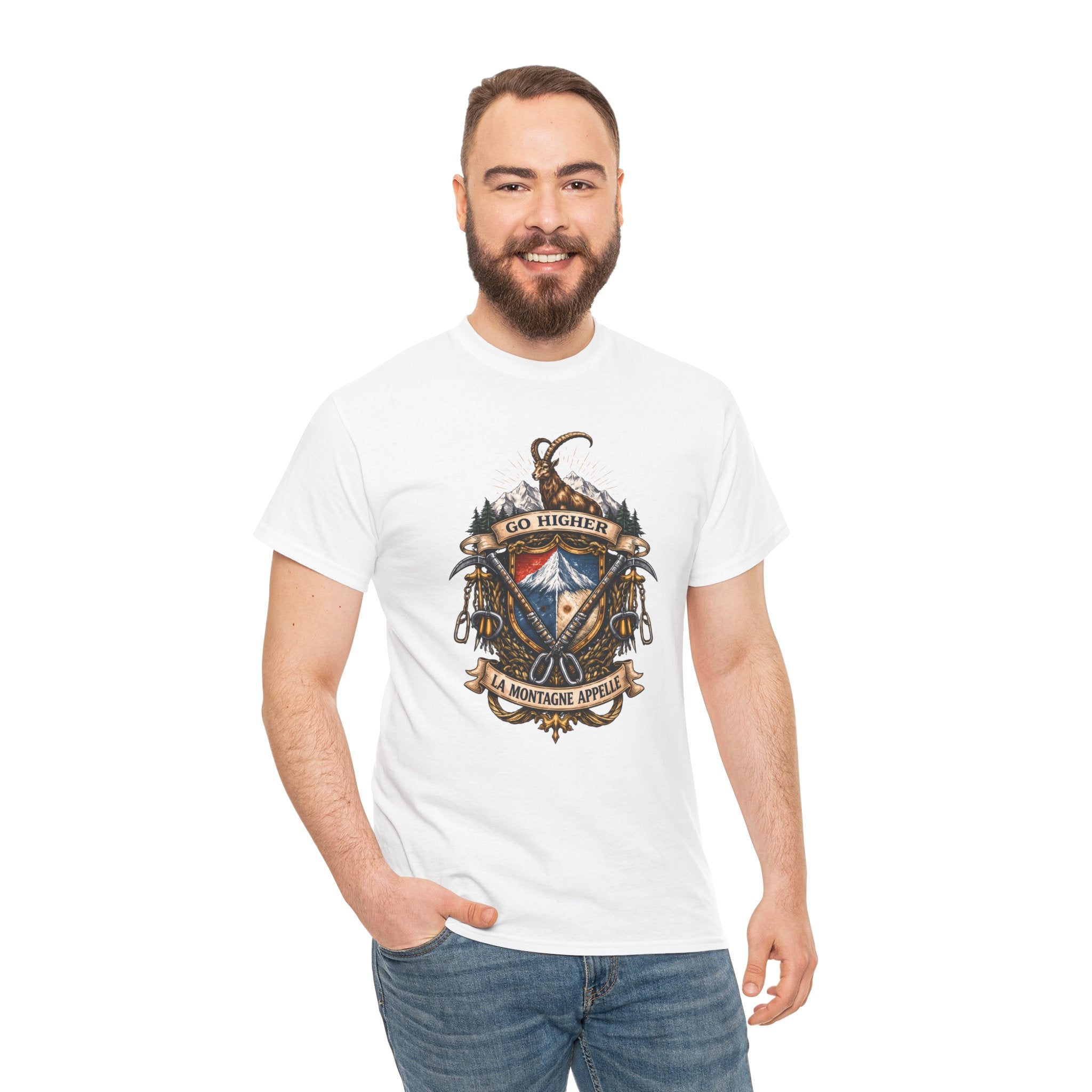 Adventure Crest T-Shirt — "Go Higher" Mountain Climbing Graphic Tee