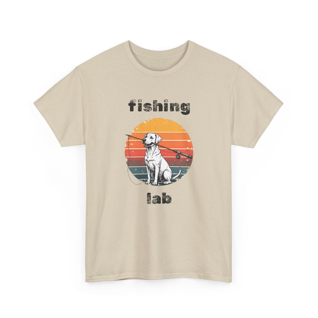 Fishing Lab T-Shirt — Retro Sunset Labrador Fishing Tee for Dog Lovers
