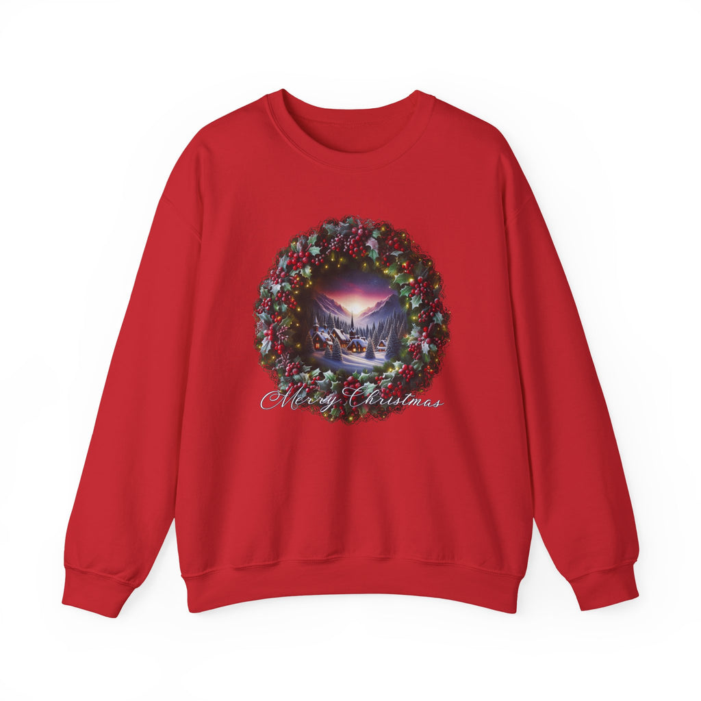 Christmas Wreath Crewneck Sweatshirt — Vintage Winter Scene Christmas Wishes