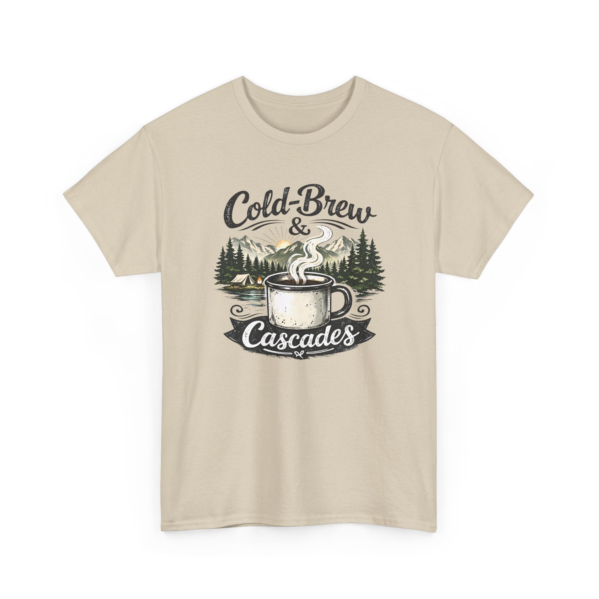 Beige t-shirt with 'Cold Brew & Cascades' graphic design on a white background