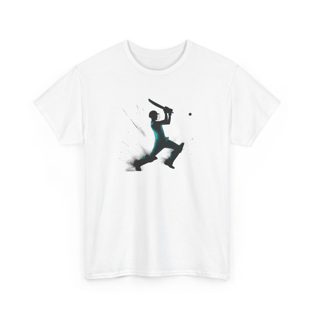 White t-shirt with a black and green graphic of a person playing cricket on a white background