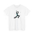 White t-shirt with a black and green graphic of a person playing cricket on a white background