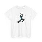 White t-shirt with a black and green graphic of a person playing cricket on a white background