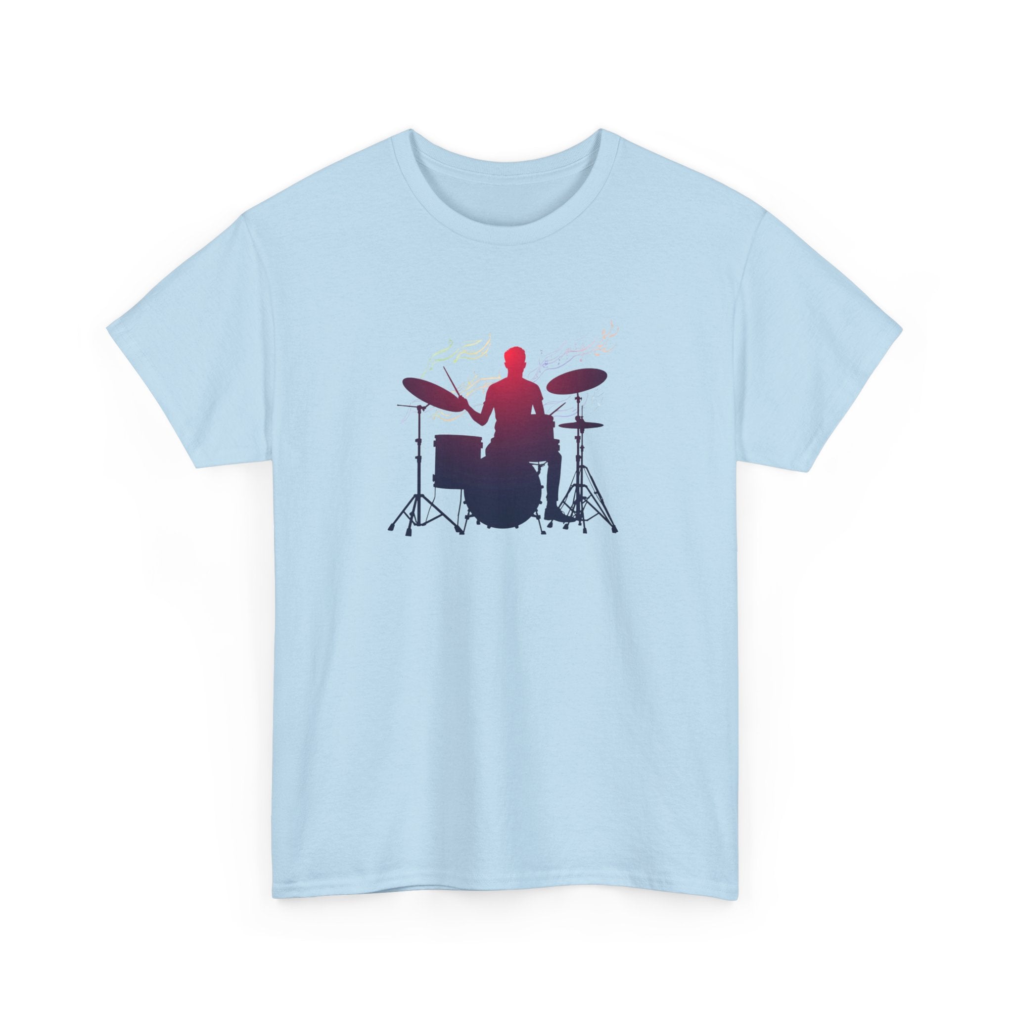 Drummer Silhouette T‑Shirt — Gradient Drum Kit Tee for Musicians & Band Fans