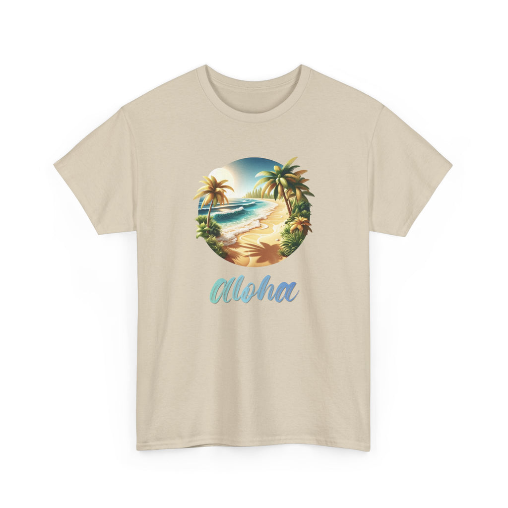 a beach graphic with palm trees and ocean in the middle with the text 'aloha'