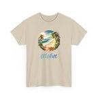 a beach graphic with palm trees and ocean in the middle with the text 'aloha'