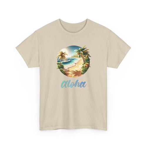 a beach graphic with palm trees and ocean in the middle with the text 'aloha'