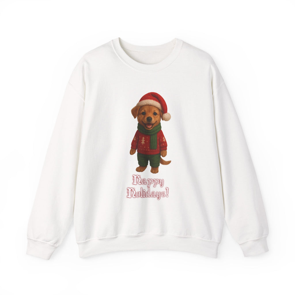 Cute Christmas puppy dog wearing a Santa hat and festive sweater with ‘Happy Holidays’ text