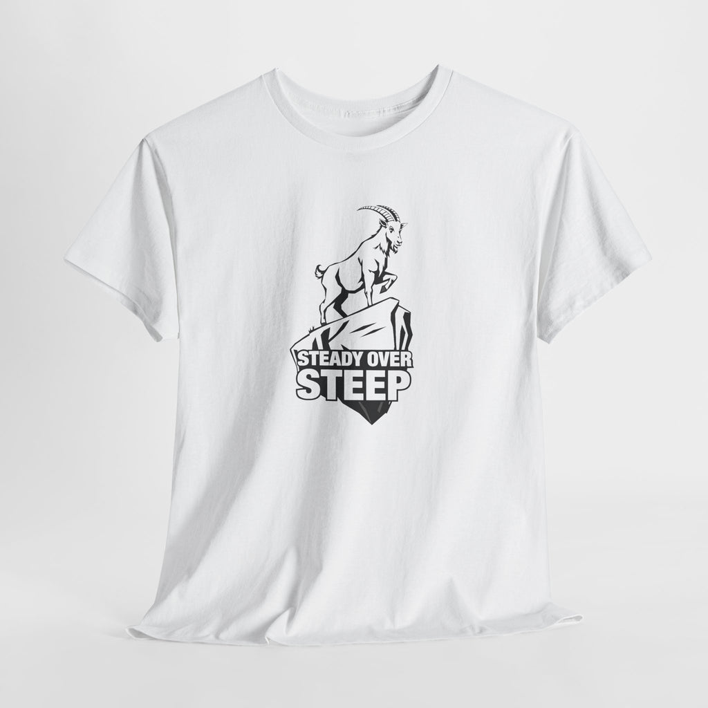 Steady Over Steep Mountain Goat T-Shirt — Motivational Hiking Logo Tee