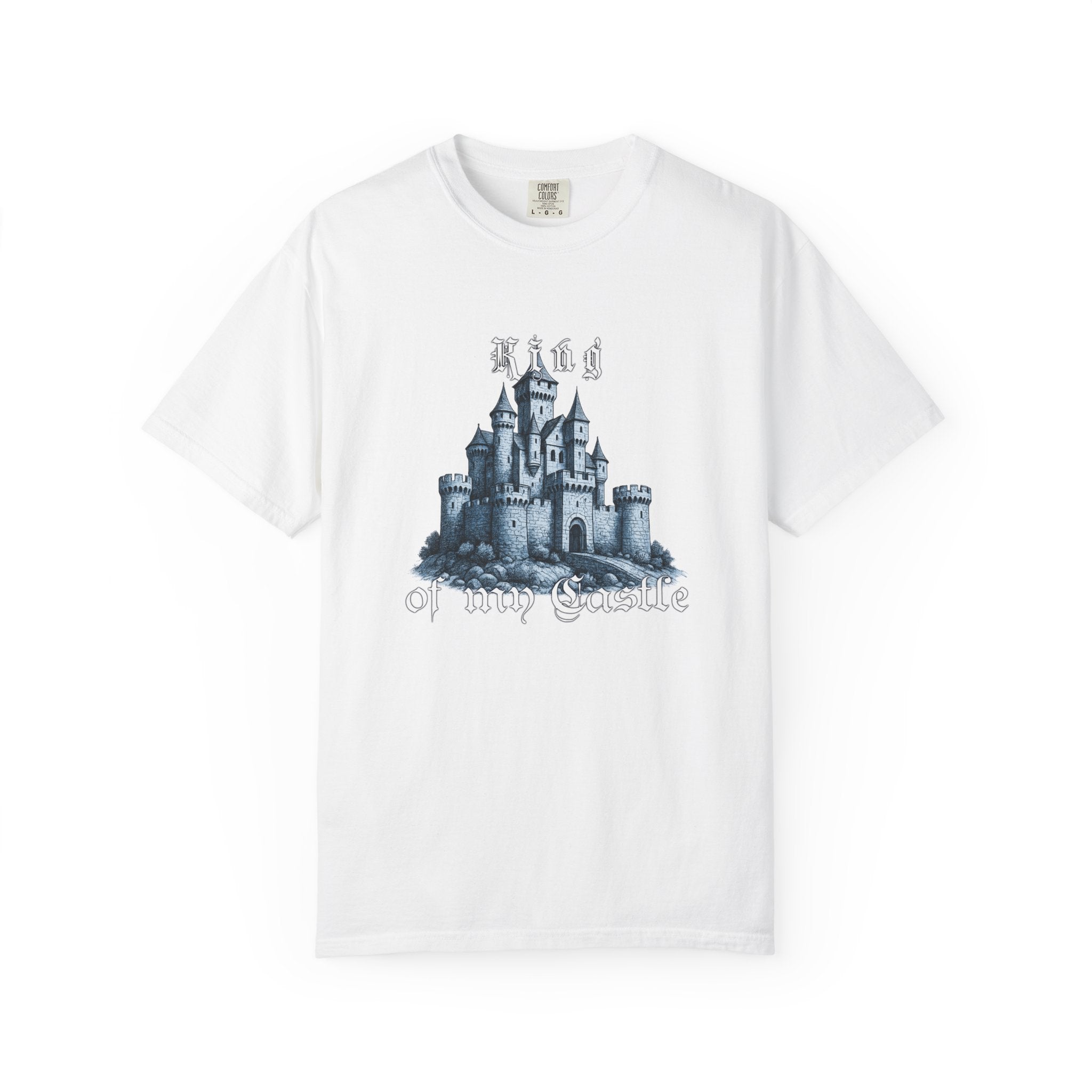 Vintage, gothic style ‘King of My Castle’ artwork featuring a detailed hand-drawn medieval castle in bold blue tones.