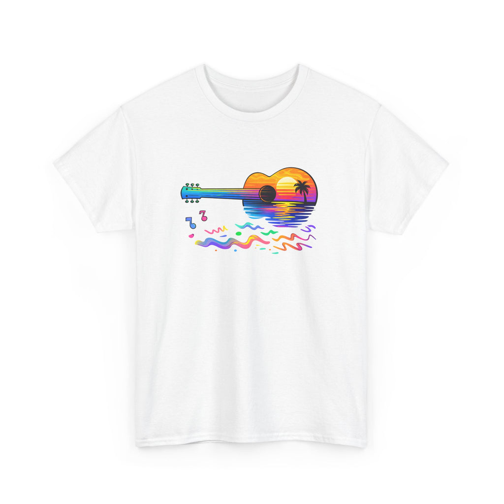 a colorful guitar with beach, palm tree, sunset water reflection graphic