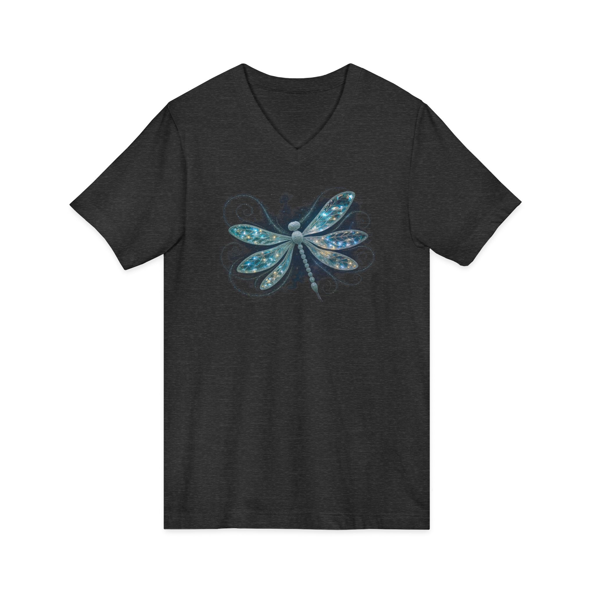 Dragonfly V-Neck Tee — Blue Glitter Floral Wing Graphic