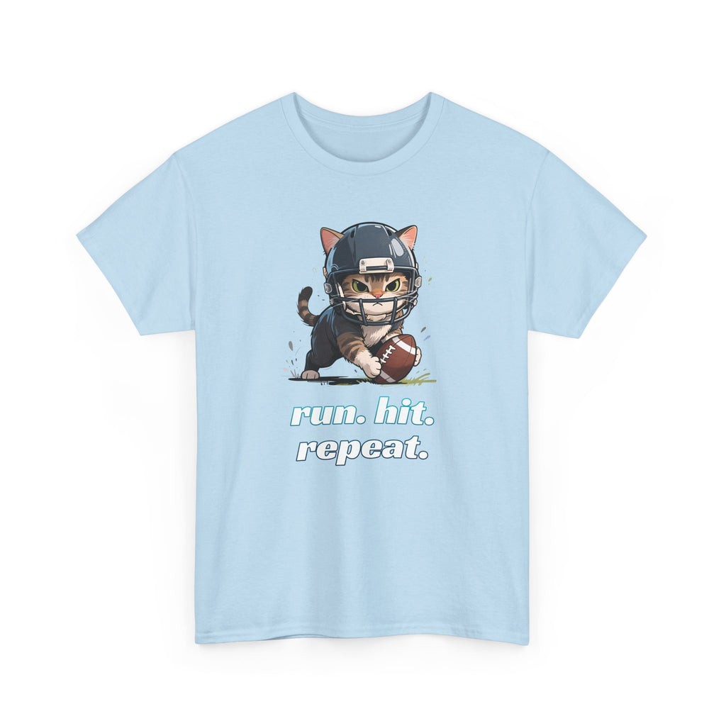 Funny Football Cat T-Shirt — "Run. Hit. Repeat." Cute Helmet Kitten Tee for Football Fans